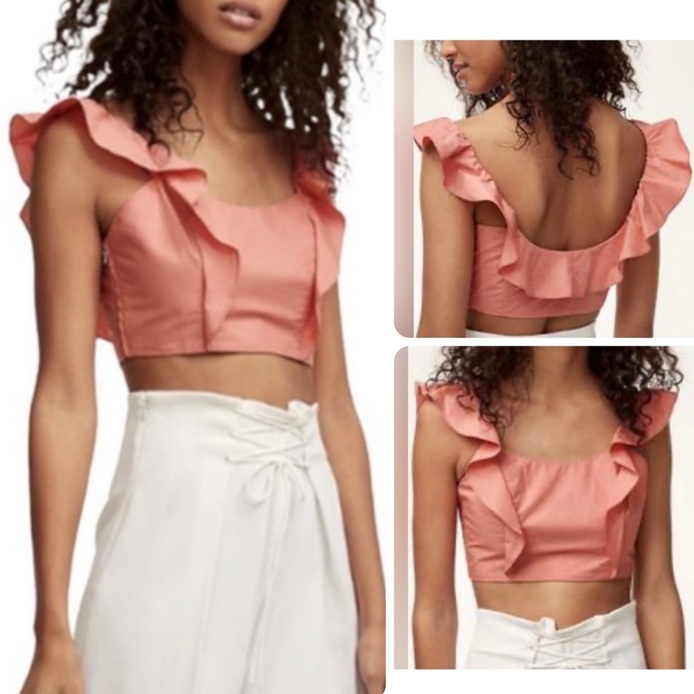 Aritzia Wilfred Sandrine Crop Top Ruffle Sleeve Blouse CORAL Size 6
